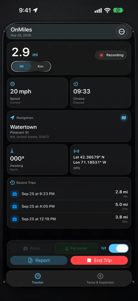 OnMiles dashboard recording a trip automatically
