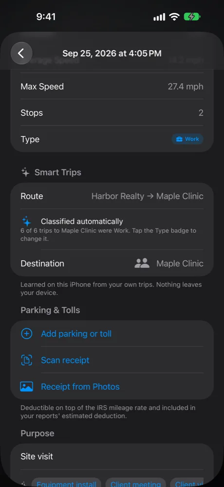A trip classified automatically: 6 of 6 trips to Maple Clinic were Work