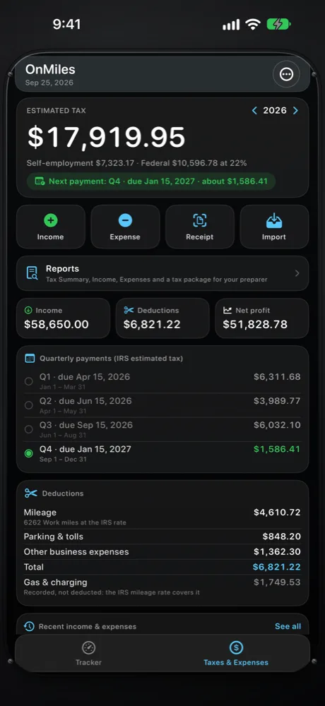 Taxes & Expenses tab: estimated tax, quarterly payments, income and deductions
