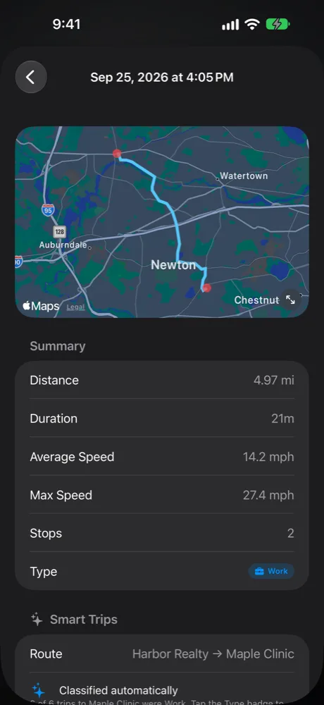 Trip detail with the route on a map and a summary