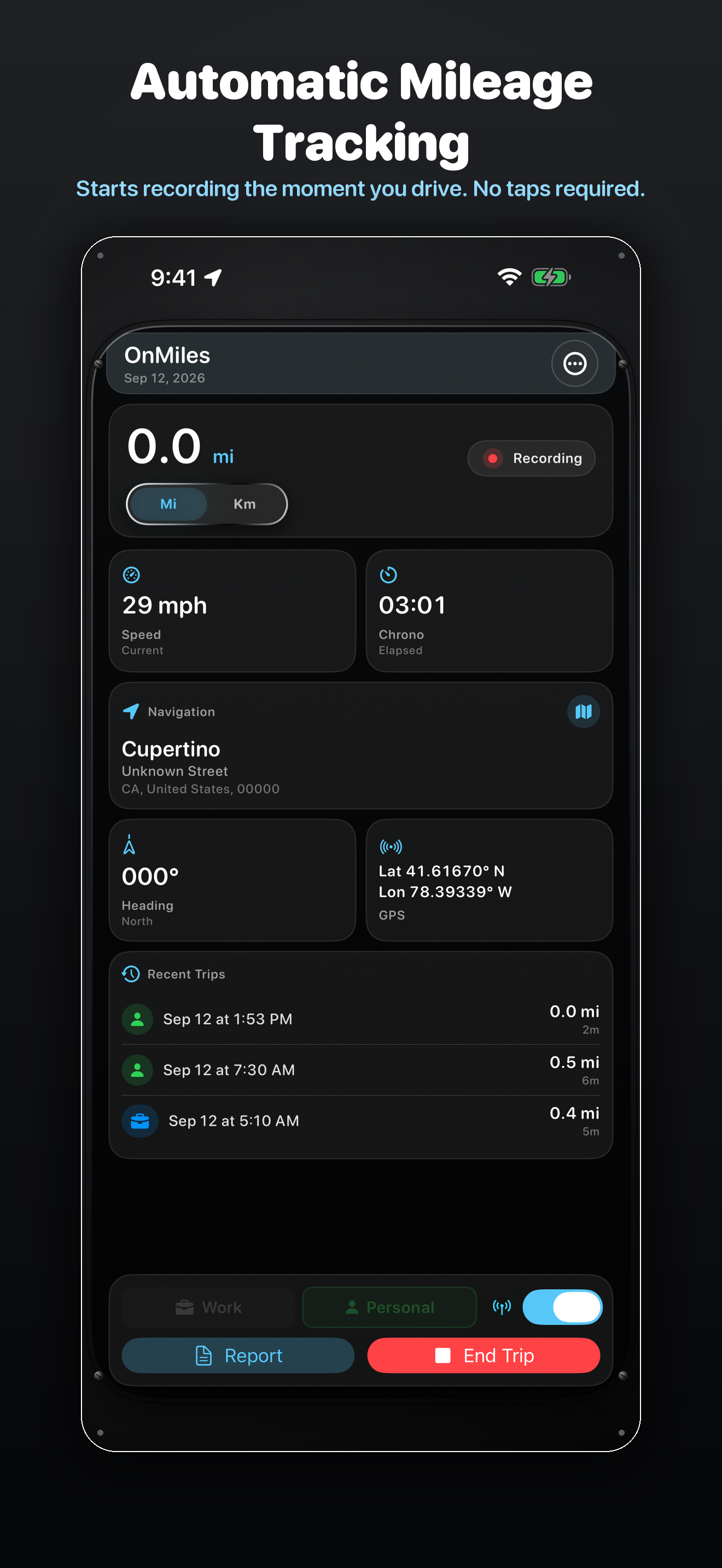 OnMiles dashboard recording a trip automatically